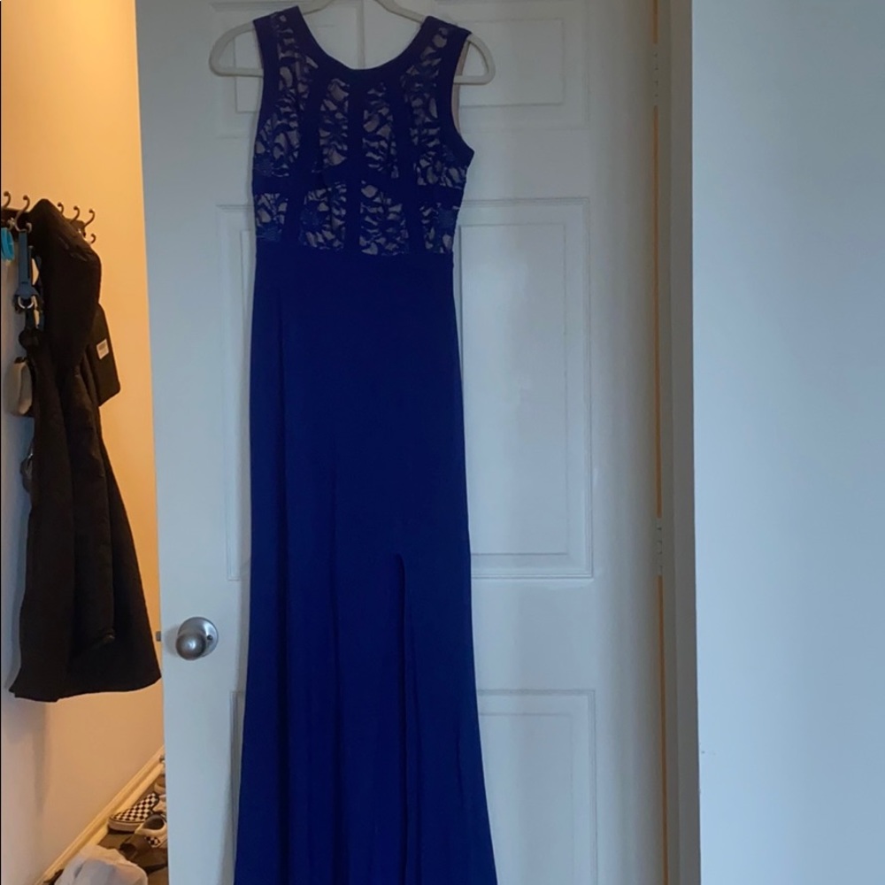Floor length royal blue dress